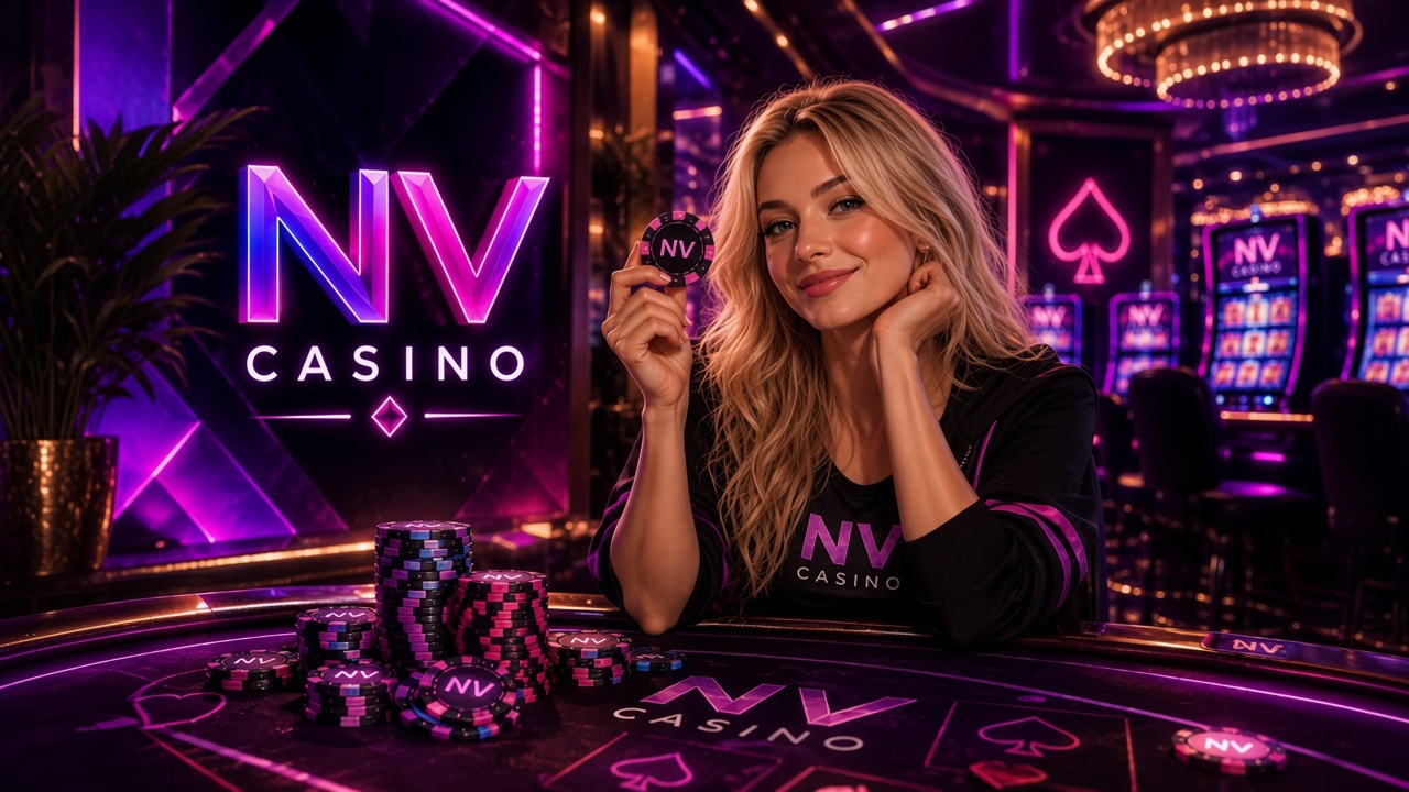 Kobieta przy stole pokerowym z neonowym znakiem NV Casino